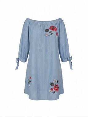 Cardalite Petite Embroidered Stripe Off Shoulder Cotton Dress Size PXL